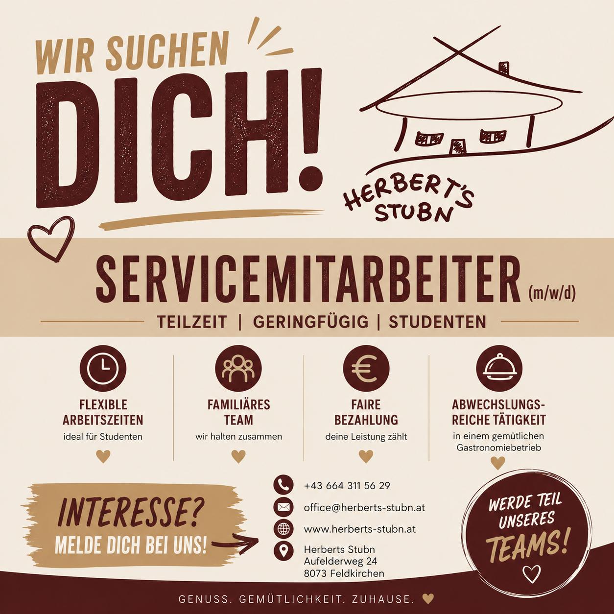 Stellenausschreibung: Servicemitarbeiterin oder Servicemitarbeiter bei Herberts Stubn